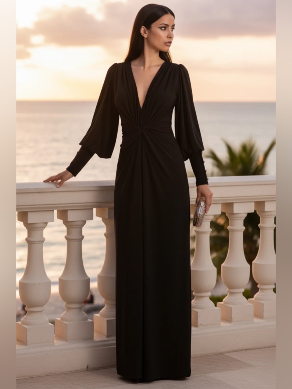 Julien Chang Black Long-Sleeve Draped jumpsuit with Pearl Button Detail